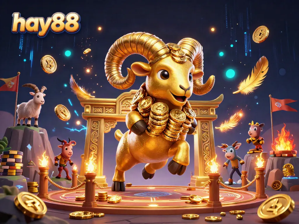Experience the thrill of hay88 with vibrant golden ram charging through a casino-inspired landscape.