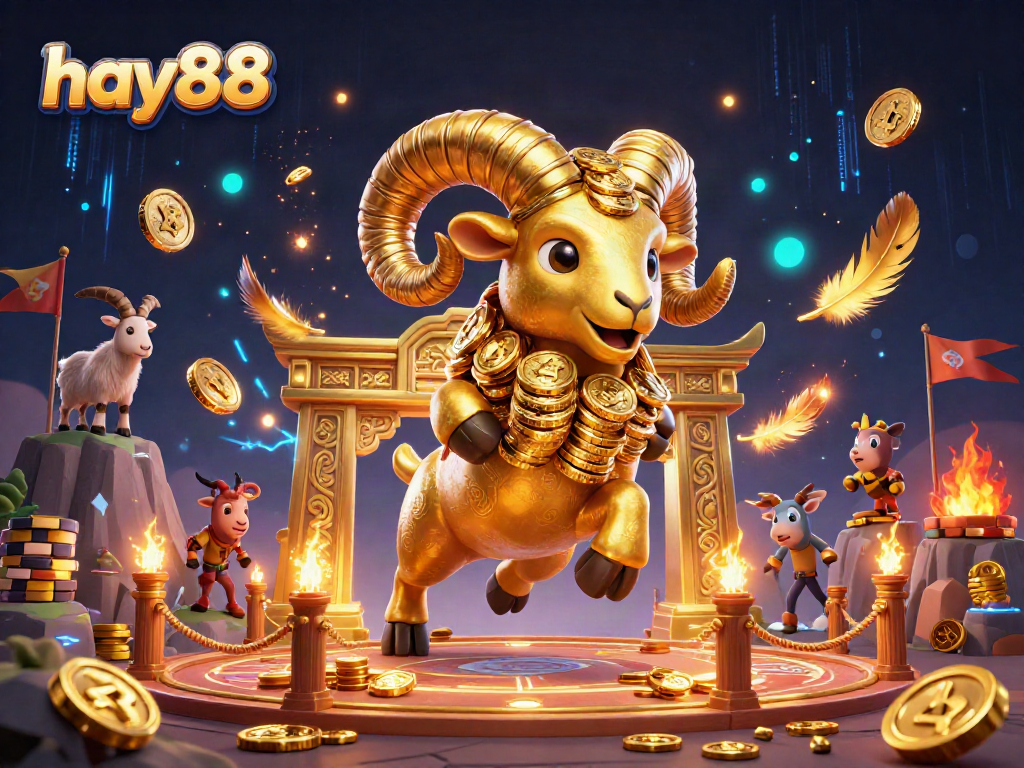 Experience the thrill of hay88 with vibrant golden ram charging through a casino-inspired landscape.