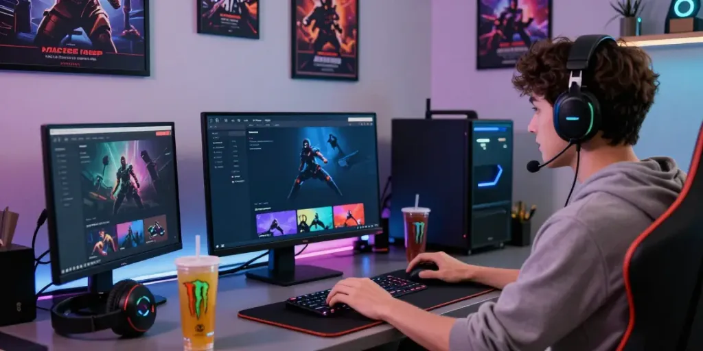 Engaged gamer exploring the trang chủ da88 online platform in a modern, vibrant setting.