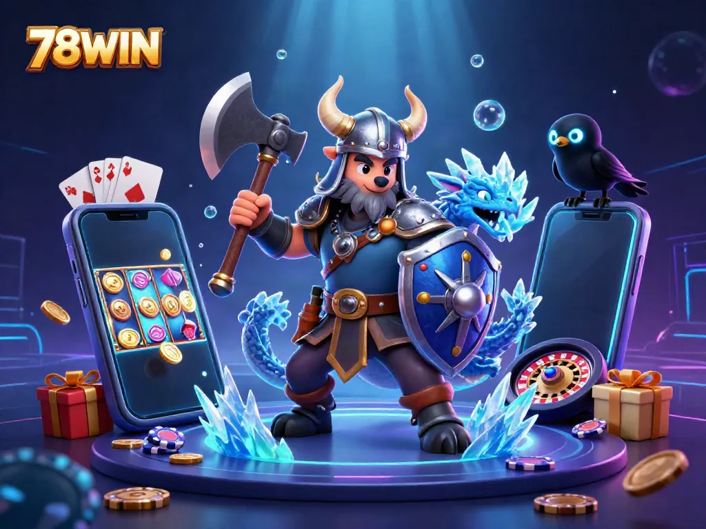 Engage in adventure with 78WIN featuring a Viking wolf warrior, dragon, and casino elements for thrilling gaming.