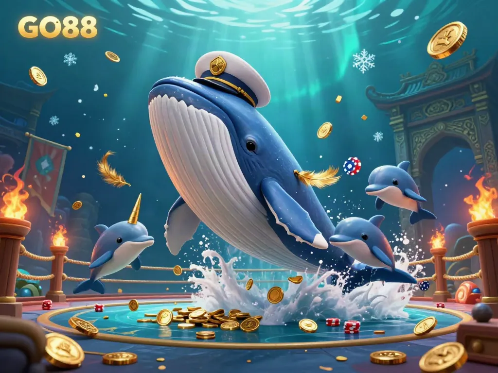 Experience the excitement of GO88 with a whale breaching through coins, surrounded by playful dolphins and a narwhal in a vibrant casino scene.