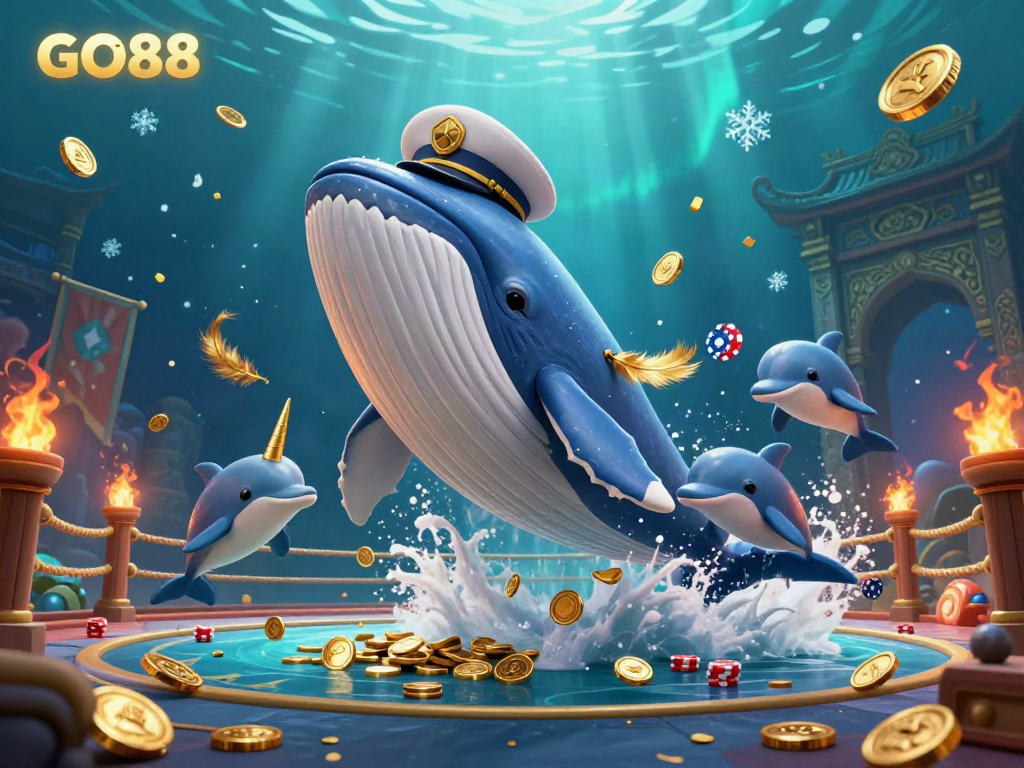 Experience the excitement of GO88 with a whale breaching through coins, surrounded by playful dolphins and a narwhal in a vibrant casino scene.