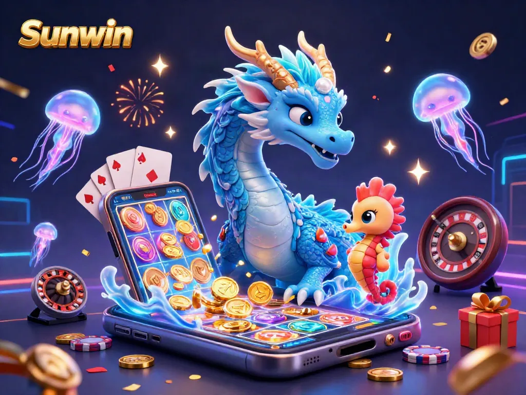 Engage in thrilling gameplay at Sunwin with an immersive 3D casino scene featuring vibrant characters and action.