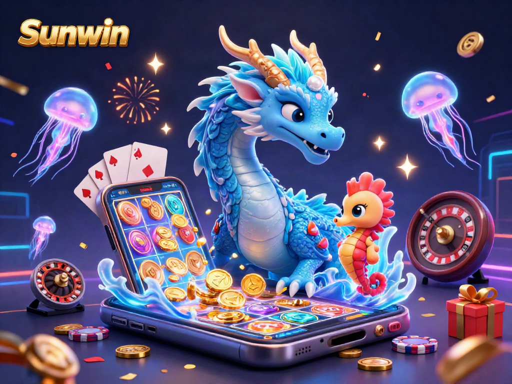 Engage in thrilling gameplay at Sunwin with an immersive 3D casino scene featuring vibrant characters and action.