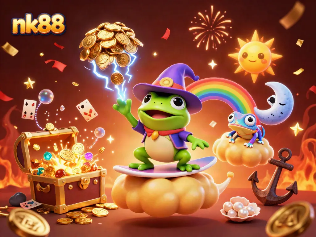 Join the magical nk88 gaming adventure as the wizard frog conjures jackpot gold coins amidst celebration!