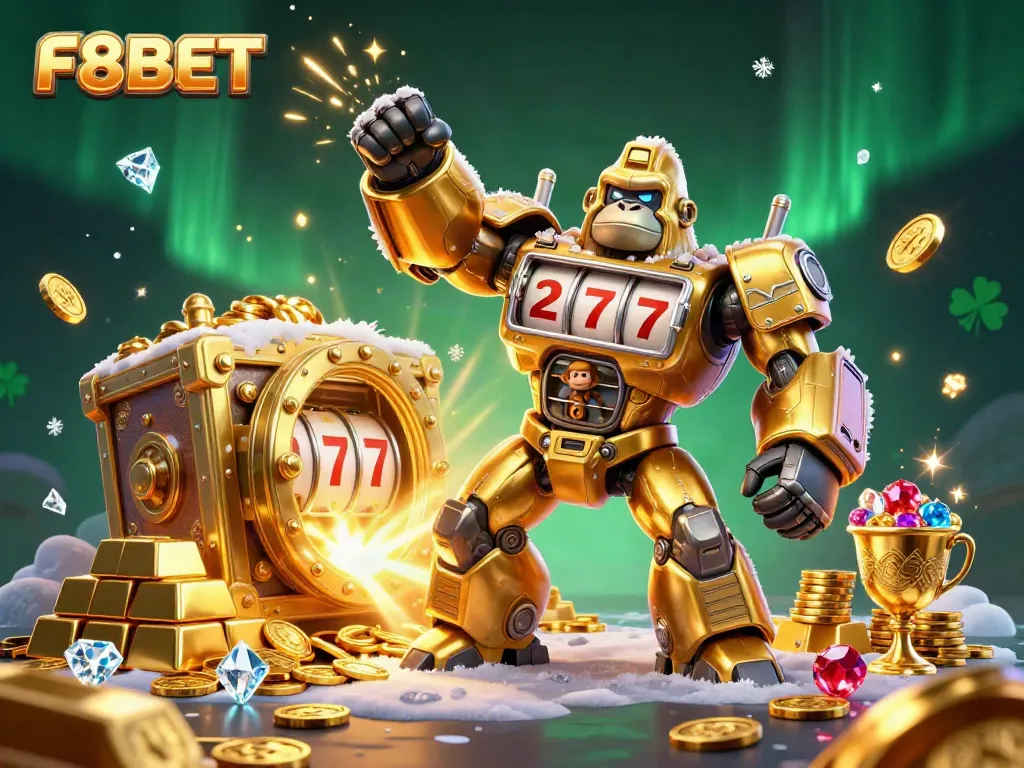 Experience the excitement of F8BET with a vibrant 3D illustration of a golden gorilla mech winning slots.