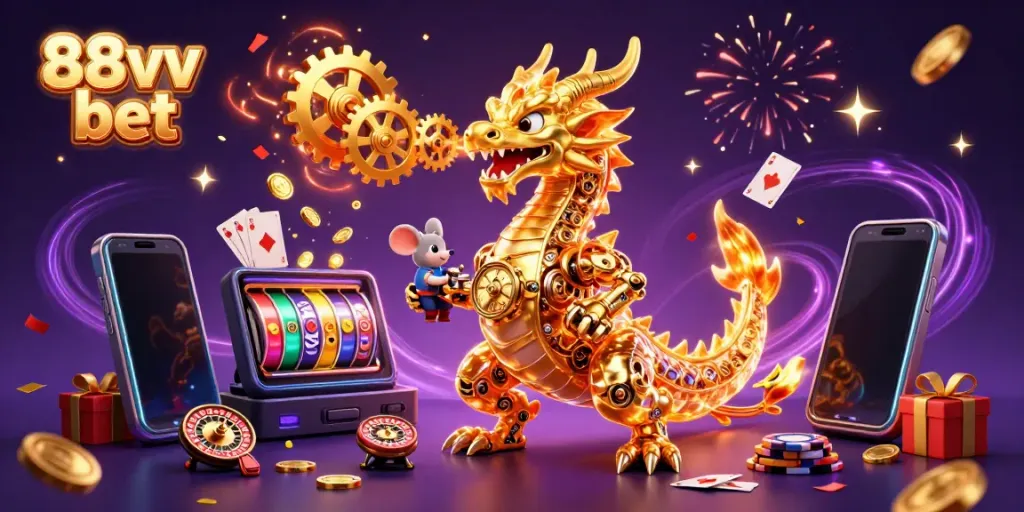 Experience thrilling gameplay with 88vv bet featuring a golden dragon and slot elements.
