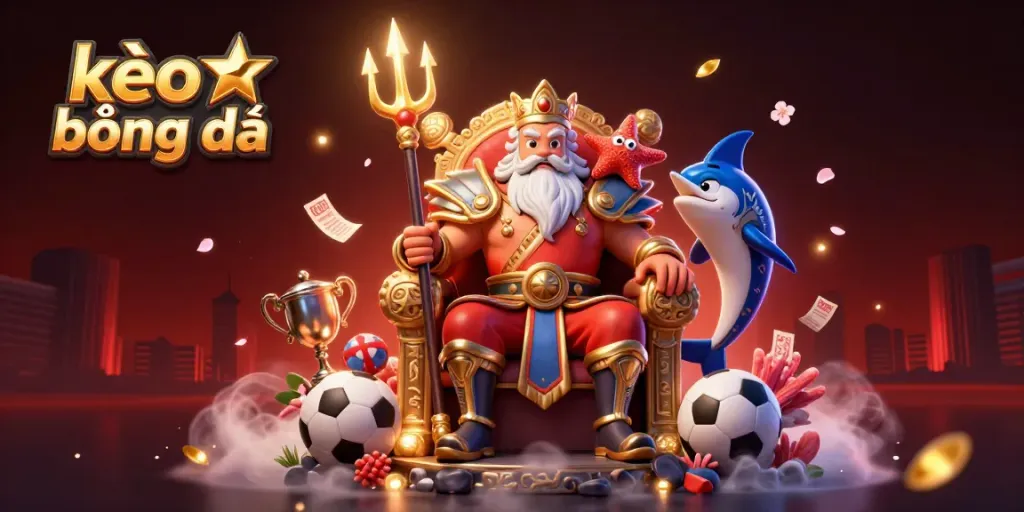 Experience thrilling kèo bóng đá action with Neptune, samurai, and betting elements in this vibrant scene.