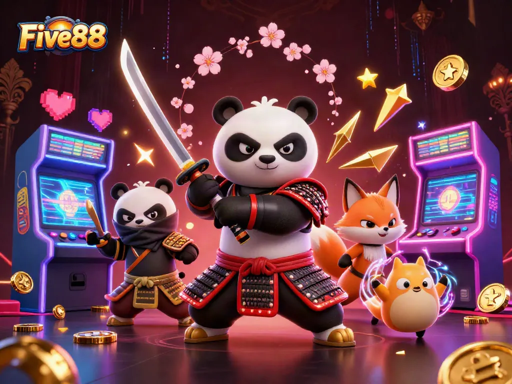 Five88 samurai panda and ninja fox engaging in vibrant casino action with retro game elements.
