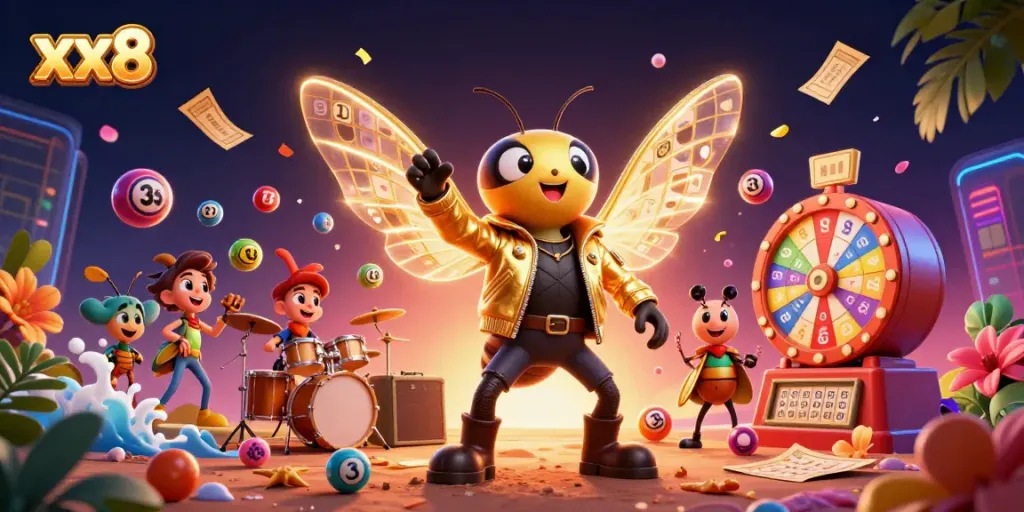 Engage with vibrant gameplay as xx8 comes alive with a buzzing cicada rock star alongside energetic drum beats and lottery prizes.