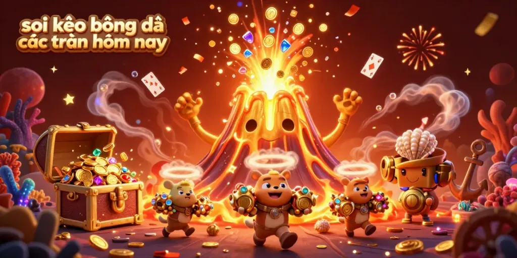 Soi kèo bóng đá các trận hôm nay illustrated by a triumphant golden volcano erupting coins, exploring animals, and festive elements.