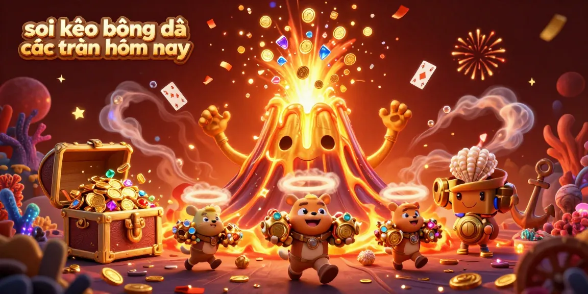 Soi kèo bóng đá các trận hôm nay illustrated by a triumphant golden volcano erupting coins, exploring animals, and festive elements.