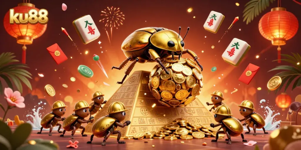 Experience thrilling moments at ku88 with dynamic casino-themed illustration featuring golden symbols and vibrant colors.