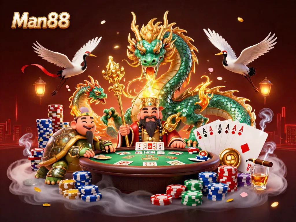 Experience thrilling bets like never before with Man88 in a vibrant online casino setting, featuring a dragon and poker elements.