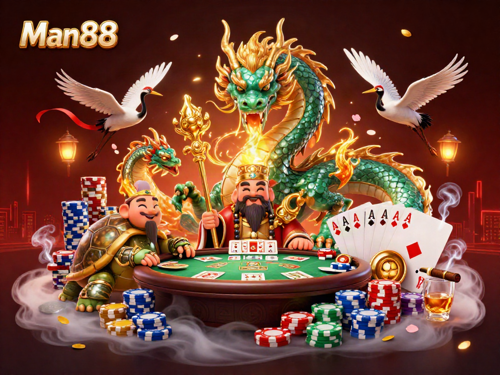 Experience thrilling bets like never before with Man88 in a vibrant online casino setting, featuring a dragon and poker elements.