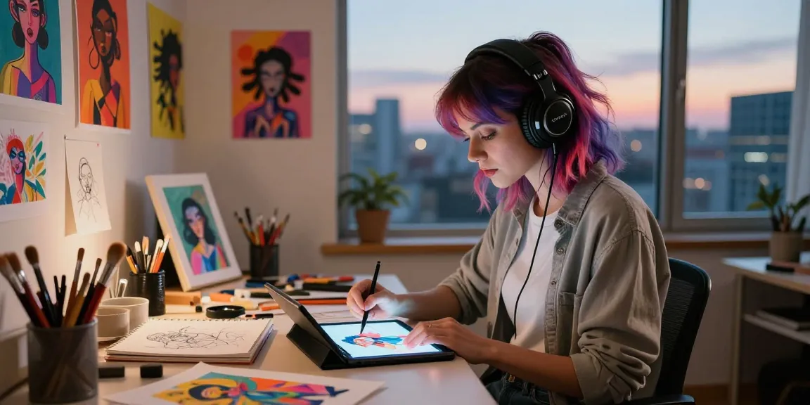 Vibrant scene of a female digital artist creating AI NSFW art in her cozy studio.