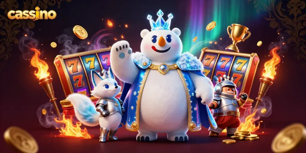 Exciting casino scene depicting a cartoon ice king polar bear and an armored snow fox with slot elements and dynamic treasures.