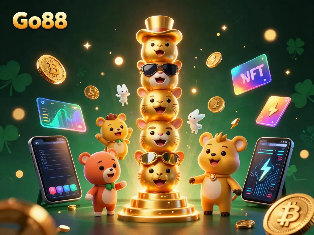 Experience the vibrant gaming scene at Go88 with a golden totem and crypto elements.