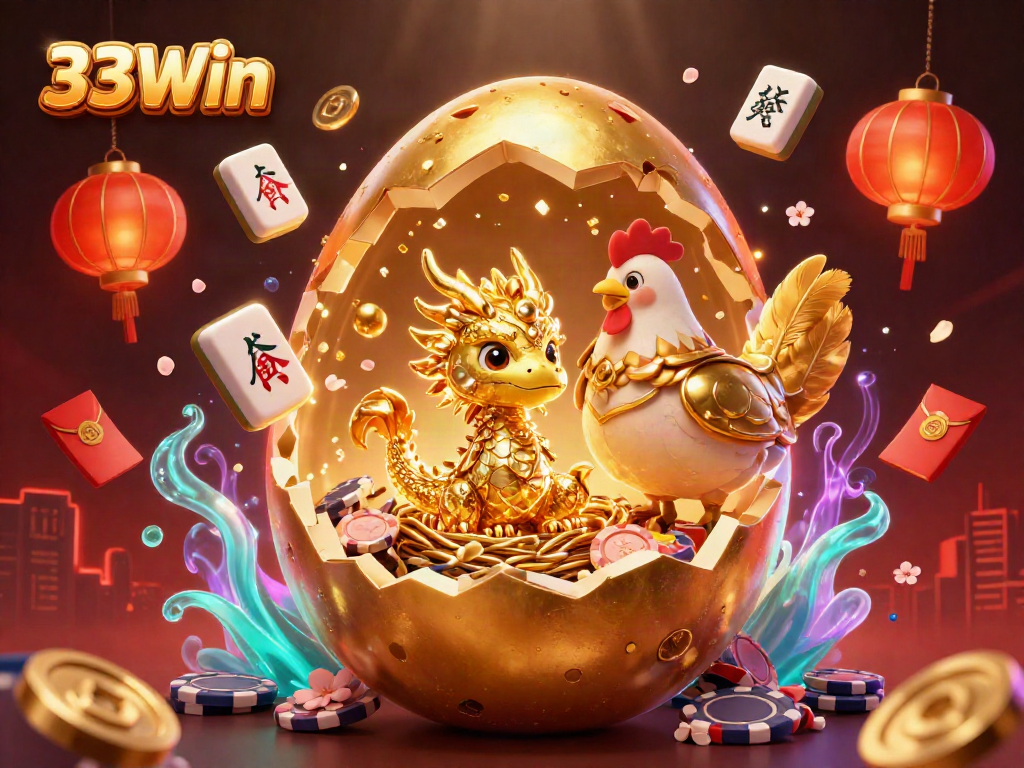 Join the excitement at 33Win with a golden dragon revealing poker chips and festive elements.