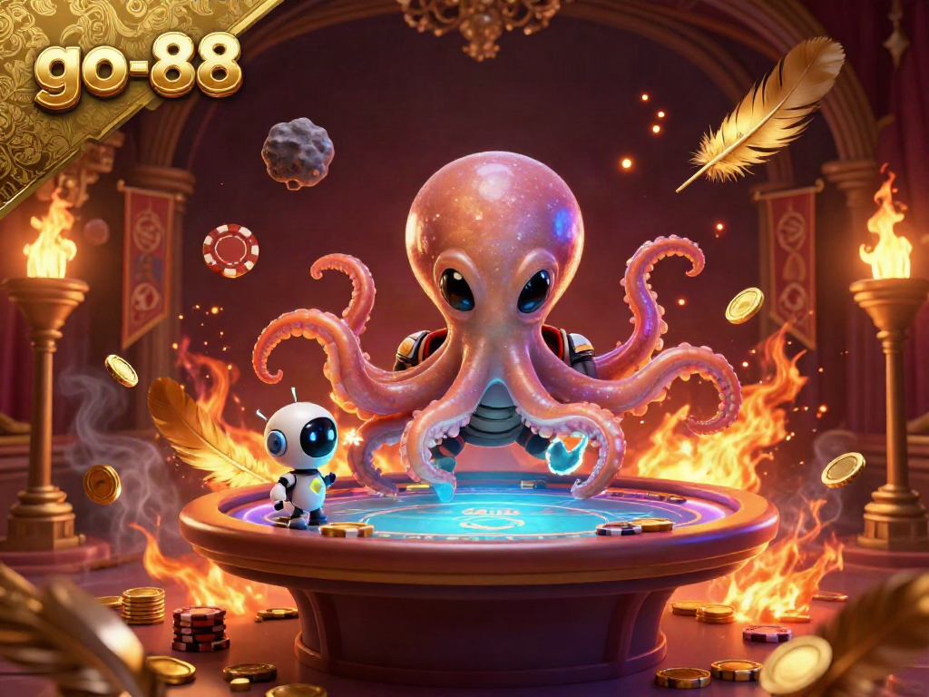 A 3D cartoon alien octopus from the go-88 brand operates a holographic poker table in a richly detailed casino scene.