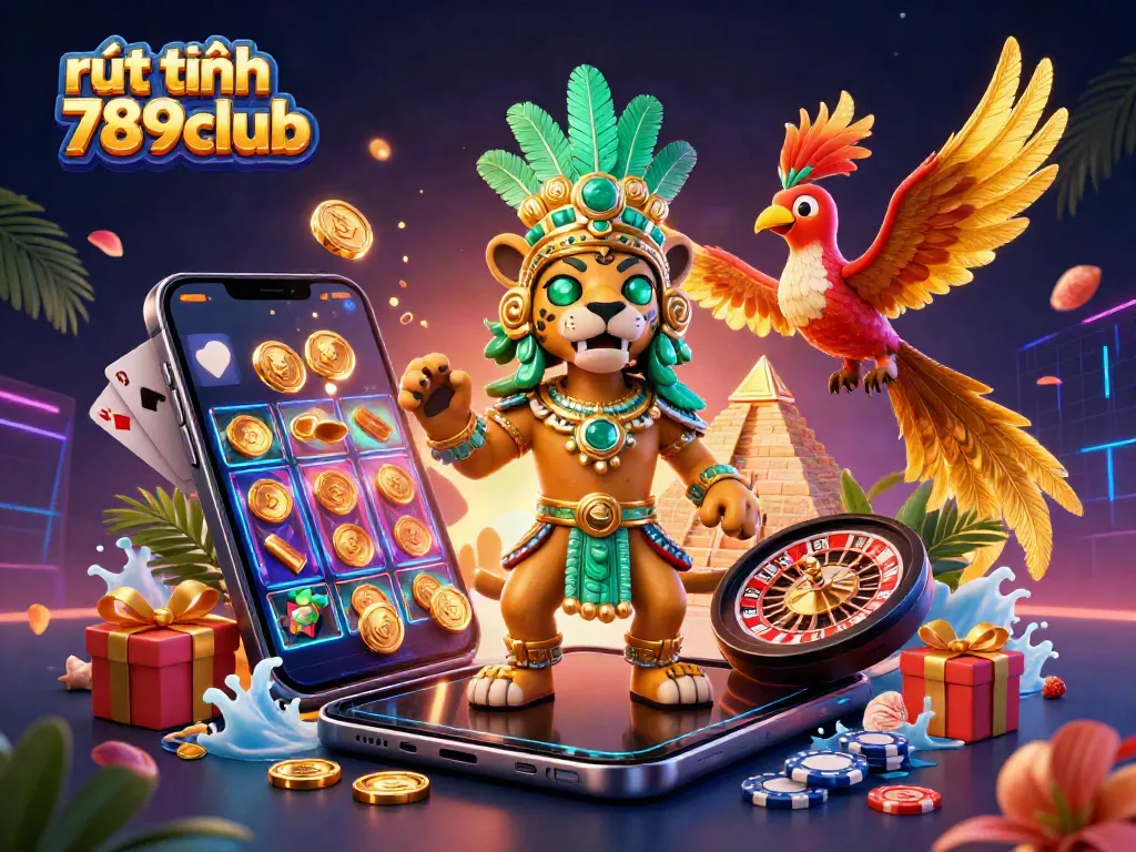 Engage in fast-paced rút tiền 789club transactions with vibrant casino elements amid a stunning 3D scene.