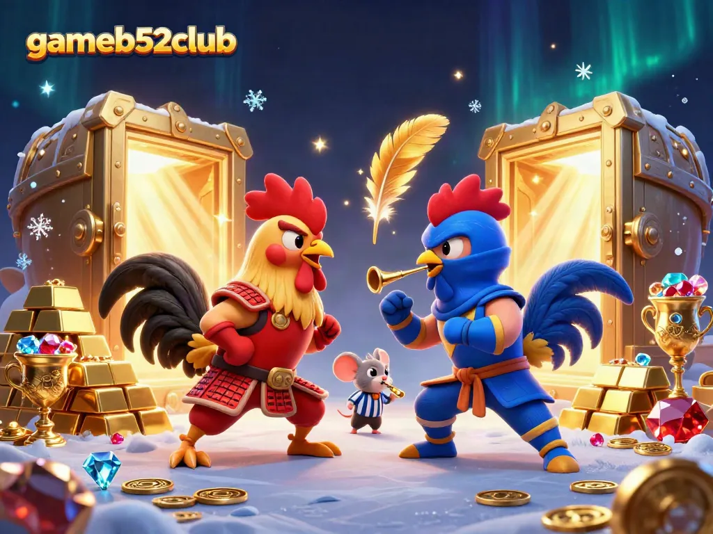 Experience the excitement of gameb52club with dynamic roosters and treasure in a thrilling standoff scene