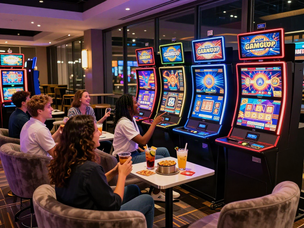 Gamblers enjoying a lively non gamstop casino experience with vibrant machines.