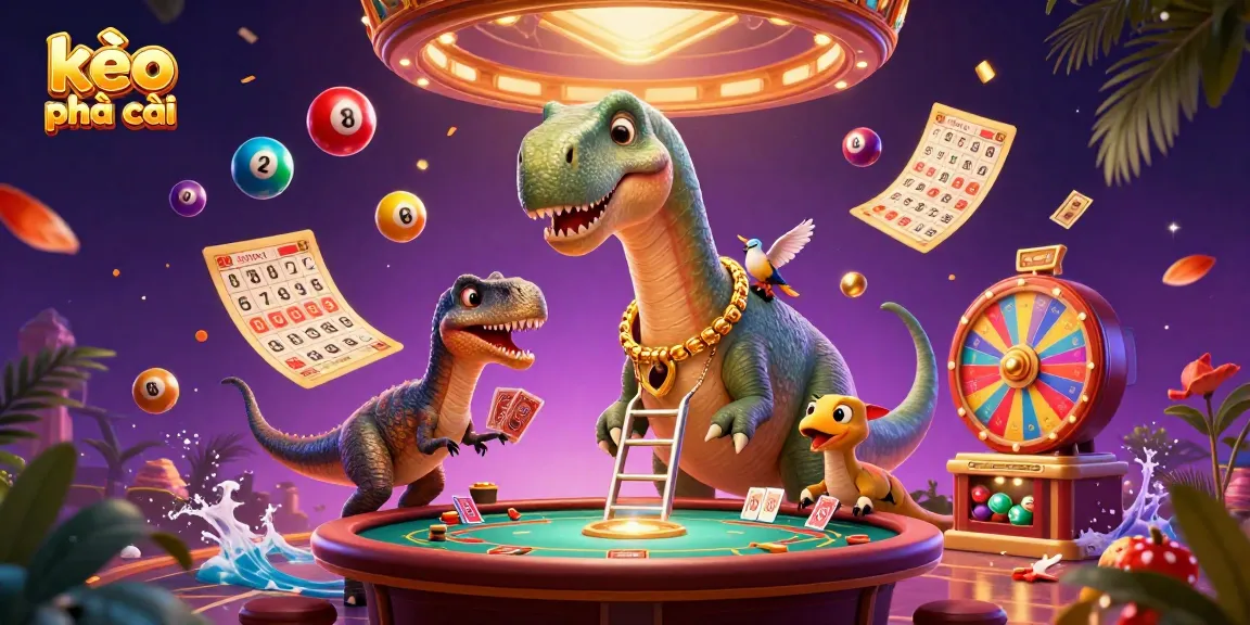 Experience the excitement of kèo nhà cái with a whimsical 3D cartoon illustration featuring a brontosaurus and clever raptor.