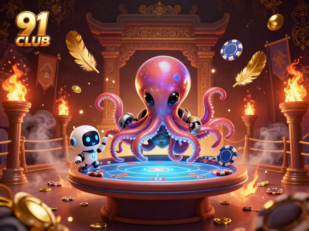 Engage with the thrilling 91 CLUB gaming experience featuring a dynamic 3D scene of an alien octopus at a poker table.