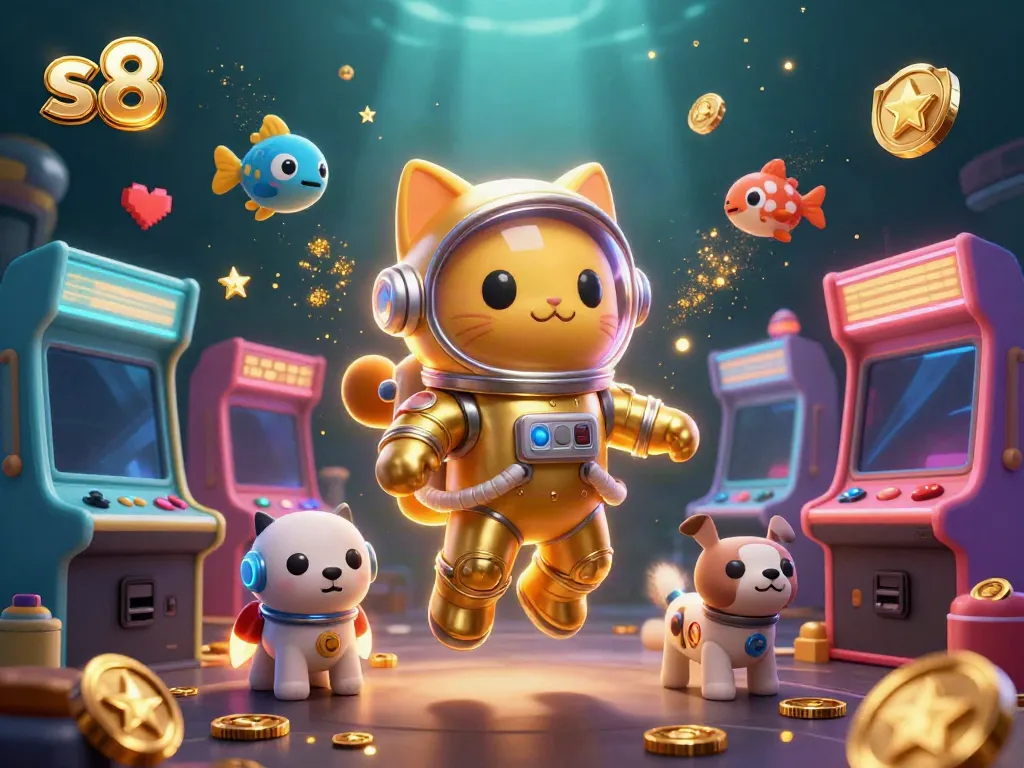 Engage with S8's vibrant casino games featuring a space cat and robot dog in a fun, colorful environment.