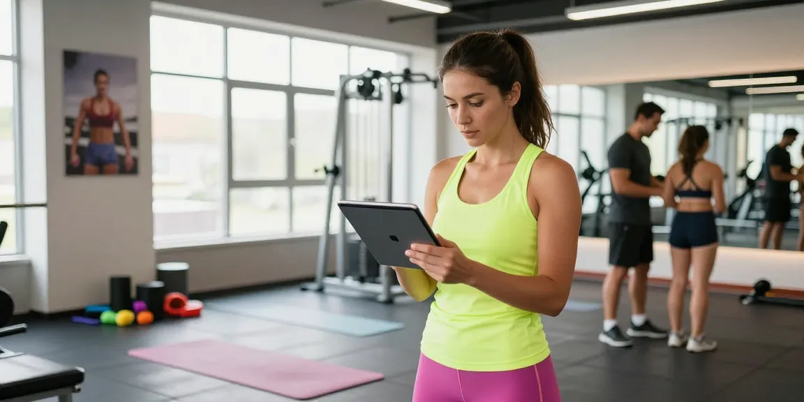 Female athlete using a BMI calculator in a modern gym, promoting fitness health.