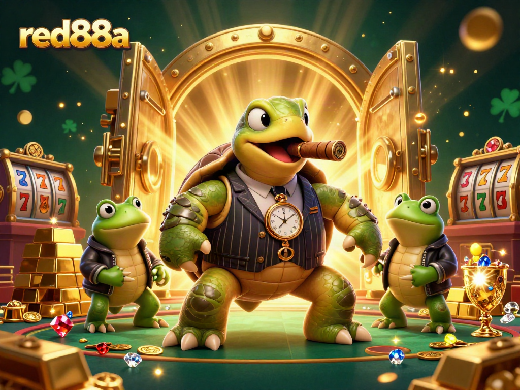Experience thrilling casino action with red88a and a charismatic turtle mobster in a vibrant scene.