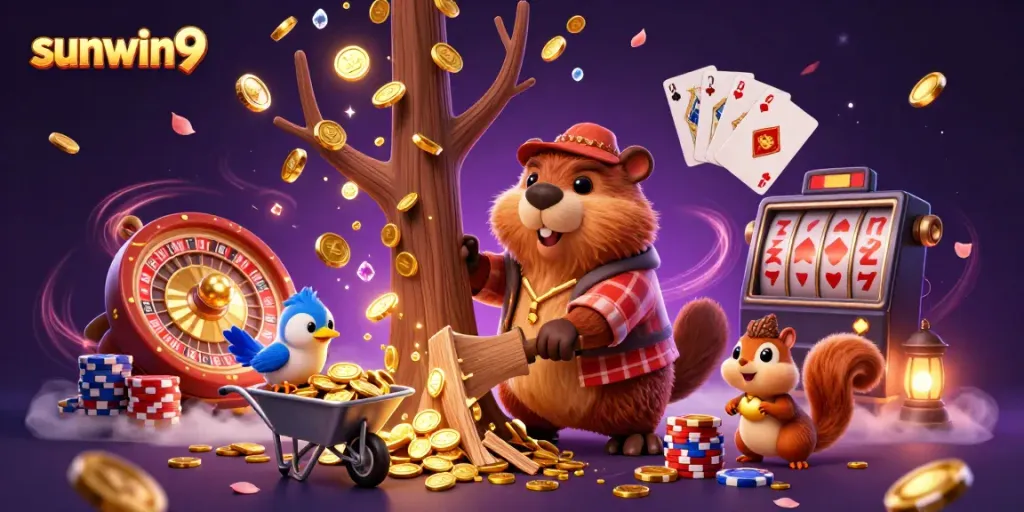 Experience the excitement of sunwin9 with a vibrant 3D casino-themed illustration showcasing animated characters collecting golden coins and playing popular games.